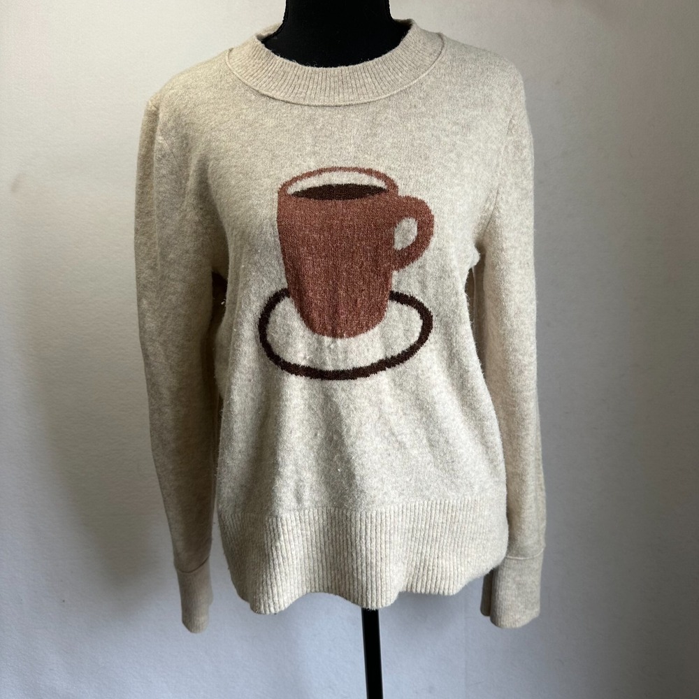 Lou & Grey Oatmeal Coffee Cup Intarsia Knit Crewneck Sweater Beige Small
